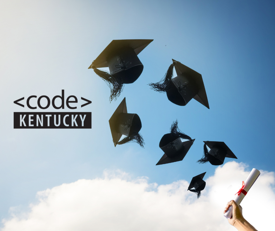 graduation caps in the sky with clouds Code Kentucky logo to the side.